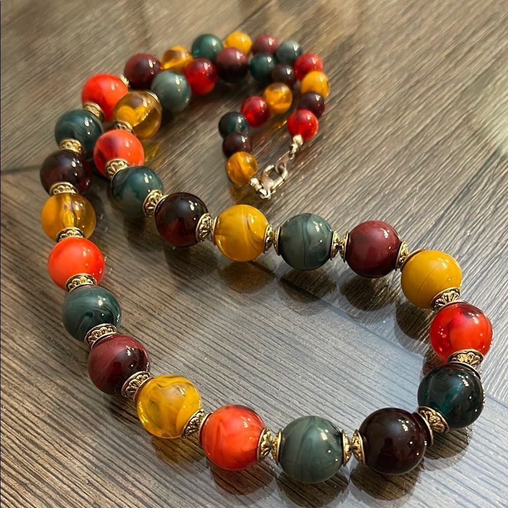 Vintage Warm Color Marbled Beaded Necklace